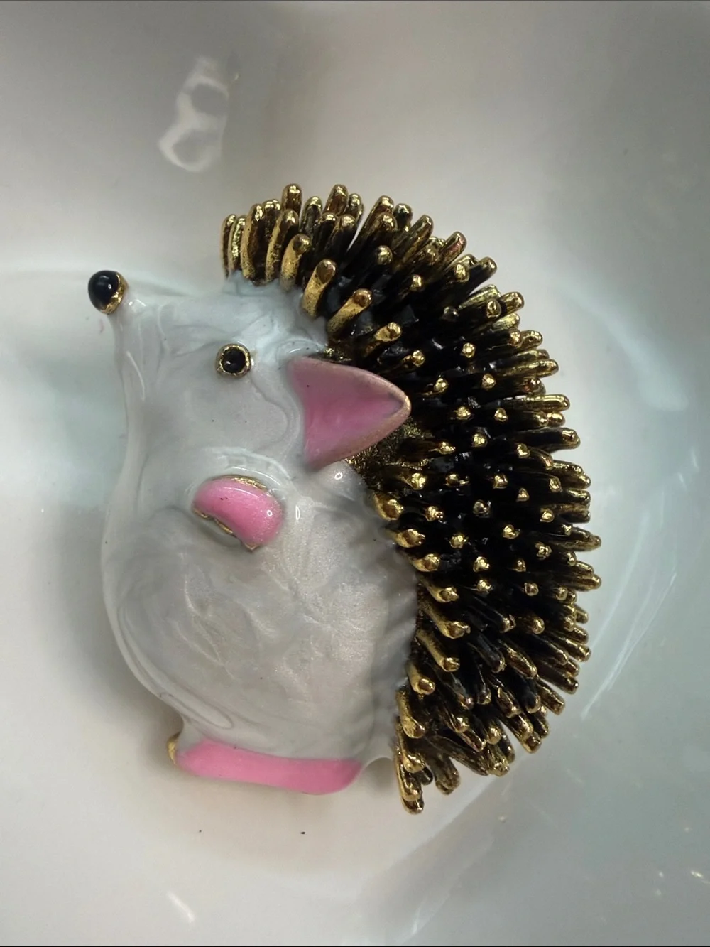 Small White and Gold Hedgehog Brooch with Pink Accents